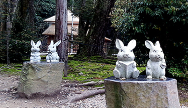 Vier Hasenfiguren auf dem Gelände des Izumo-Taisha (Foto: Copyright 2016 fduprel)