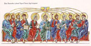 Das Pfingstwunder (Hortus Deliciarum, Pfingsten: Die Aussendung des Heiligen Geistes auf die Apostel)